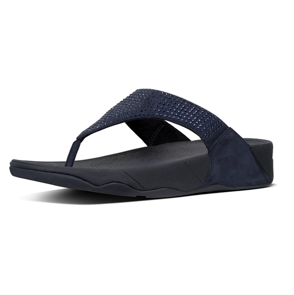Fitflop Rokkit Supernavy Navy Blue Rhinestone Bling Suede Toe-Post Sandals 11 - Picture 1 of 9